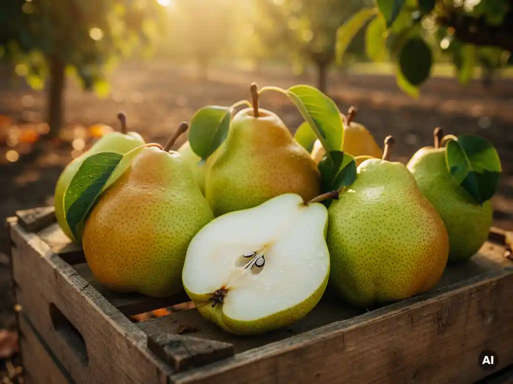 Which pear varieties have a crunchy texture?