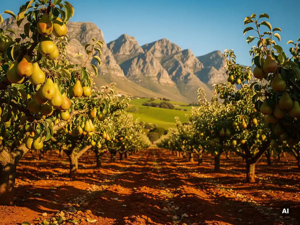 How does pear growing in South Africa differ from Europe?